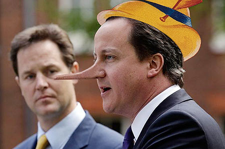 Image of David 'Pinoccio' Cameron and Nick Clegg. Image is originally from the UK's Mirror newspaper. Looks like Bliar doesn't he? Cameron seems to be apingning/copying Bliar's public image ~ speeches aligning himslf with Bliar ... and of course ... who Bliar aligned with ...