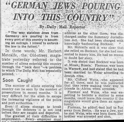 Image of hisrorical Daily Mail article about Jewish immigration