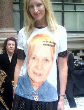 Jade Parfitt wears Vivienne Westwood Assange T-shirt at the Foreign Office