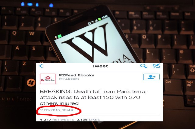 Paris attacks reported at wikipedia and twitter before they happened